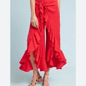 Anthropologie Feather Bone Red Ruffle Wrapped Pants 6 Boho Free Spirited Sexy